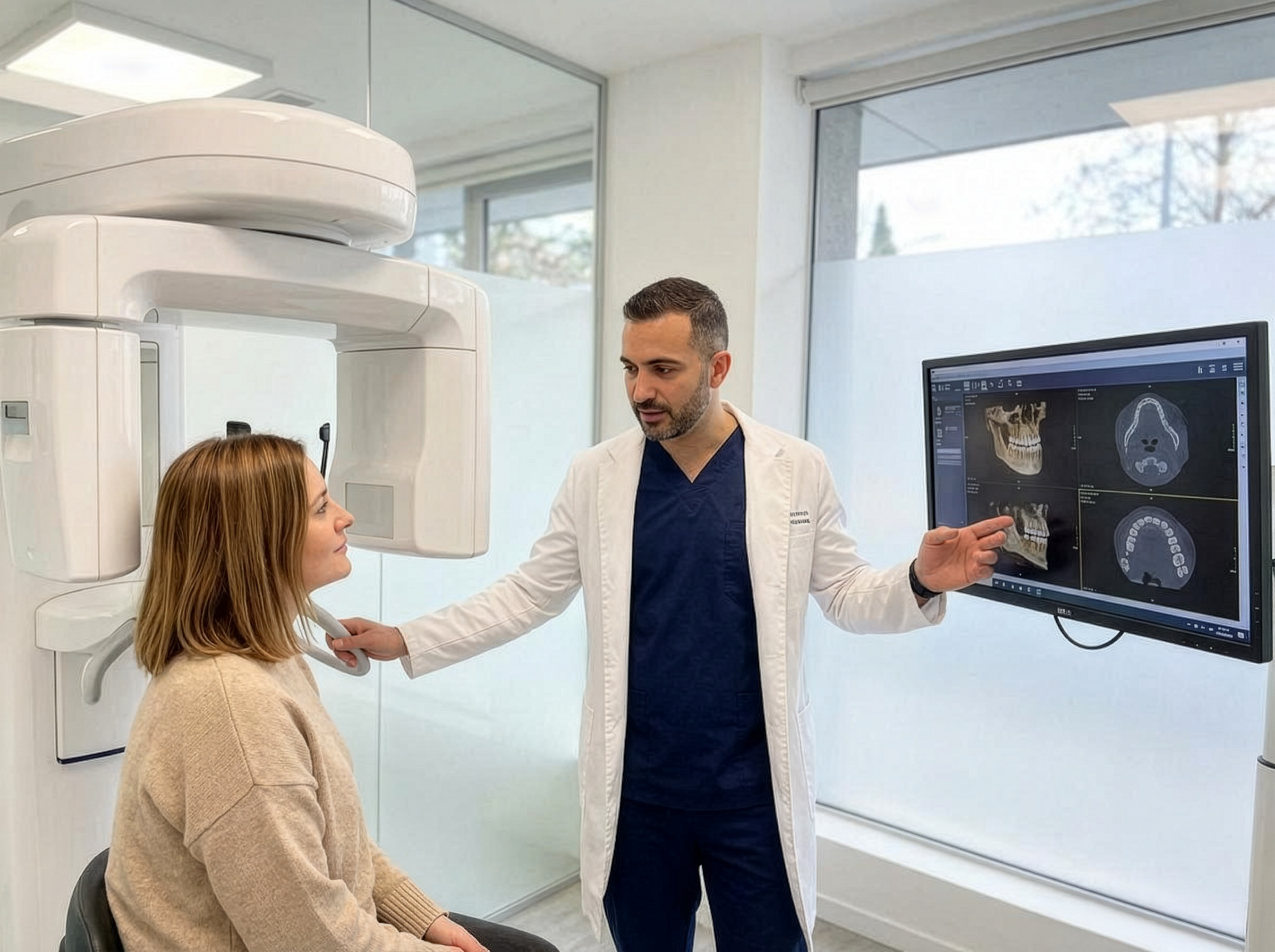 Dental professional preparing for an oral exam and imaging visit.